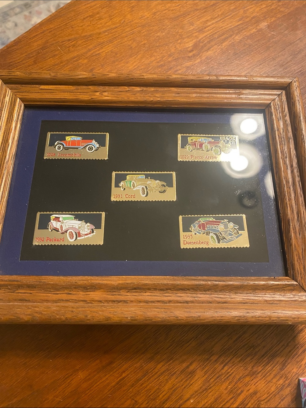 Vintage Antique Car USPS Postage Stamp Lapel Pins Enamel Brass Framed Set of 5